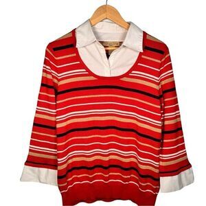 Notations Red Striped Gold Glitter Detail Collared Pullover Sweater. 2X. Plus.